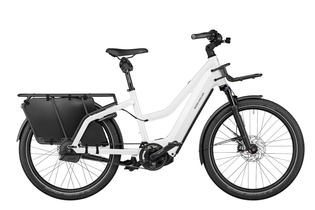 Longtail elcykel dam enviolo Riese Muller Multicharger2 Mixte GT Pearl White Kiox300 produktbild från sidan